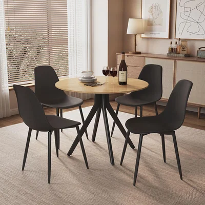 The Range Aspen Light Oak Round Table and 4 Curve Chair Set - Black