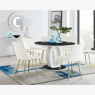 The Range Giovani Round Black Large 120cm Table  6 Pesaro Gold Leg Chairs - Cream