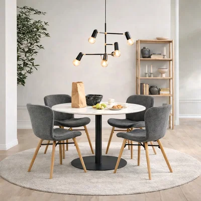 The Range Corby Round Table White Marble Black Base + 4 Batilda Grey/Oak Chairs - White Marble & Black & Grey & Oak