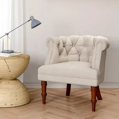 The Range Mid-century Wooden Barrel Chair Velvet Upholstered - White