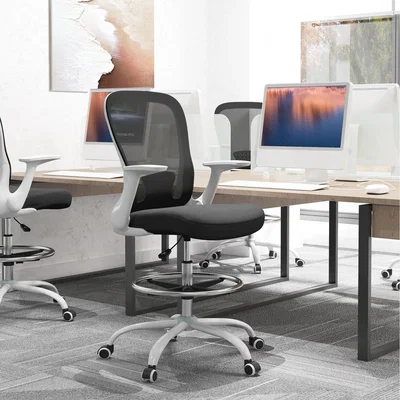The Range HOMCOM Ergonomic Drafting Chair with Flip-up Armrest Mesh - Black and White Arm