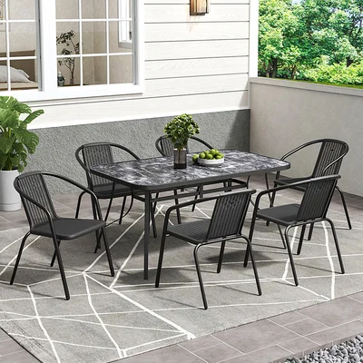 The Range Rectangle Tempered Glass Table with 6 PE Rattan Chairs - White