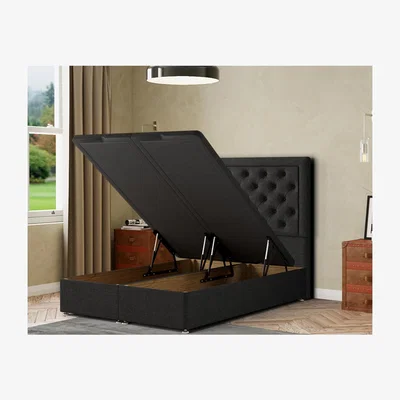 The Range Castle Ottoman Bed Floor Standing Headboard Matching Buttons Linen - Black / Single