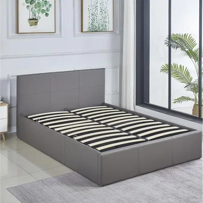 The Range Ottoman Storage Grey Leather Side Lift Bed Single Double  - Grey / Single