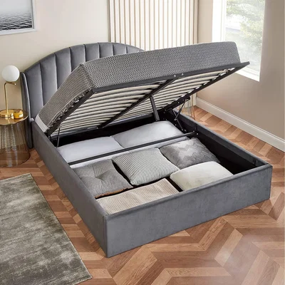 The Range Curved Velvet Winged Storage Ottoman Bed - Grey / Yes / Single