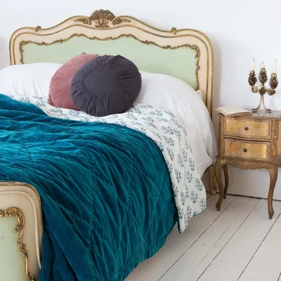 Graham & Green Peacock Blue Velvet King Size Quilt with Print