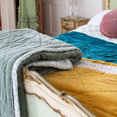 Graham & Green Sage Velvet King Size Quilt with Print