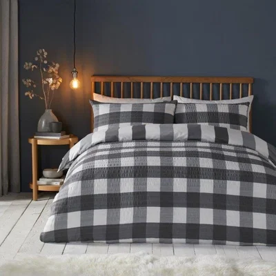 Downtown Fusion Snug Seersucker Brushed Gingham Check Charcoal Duvet Set - King, Cotton