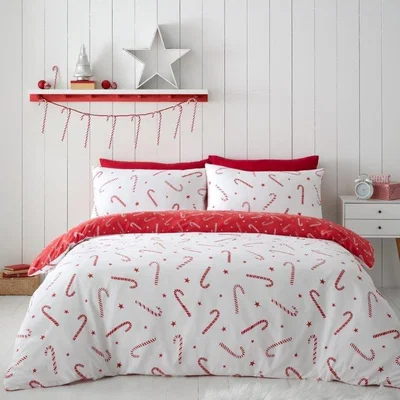 Downtown Catherine Lansfield Christmas Candy Cane Duvet Set - King, Cotton