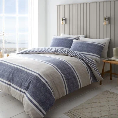 Downtown Catherine Lansfield Textured Banded Stripe Blue Duvet Set - King, Cotton, Striped