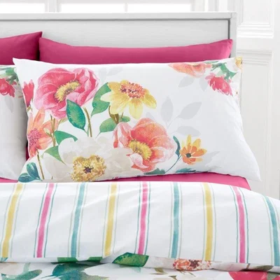 Downtown Catherine Lansfield Fresh Floral Duvet Set - King, Cotton - White/Pink/Green/Yellow