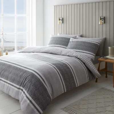 Downtown Catherine Lansfield Textured Banded Stripe Charcoal Duvet Set - Single, Cotton, Striped - ["Grey","Beige"], ["Single","Double","King"]