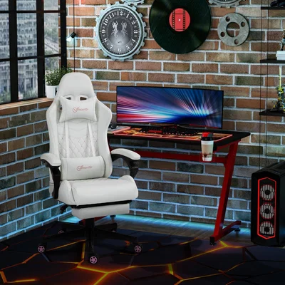 The Range Racing Gaming Chair with Arm, PU Leather Gamer Recliner - White