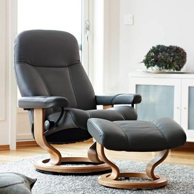 Woods Furniture Stressless Consul Recliner With Classic Base Footstool Large Chair Batick Leather