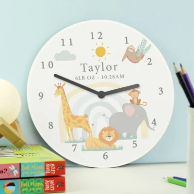 Dunelm Personalised Safari Animals Wooden Nursery Clock