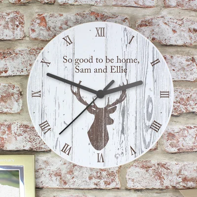 Dunelm Personalised Highland Stag Shabby Chic Wooden Wall Clock Grey