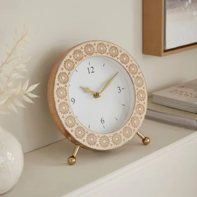 Dunelm Carved Mango Wood Round Mantel Clock