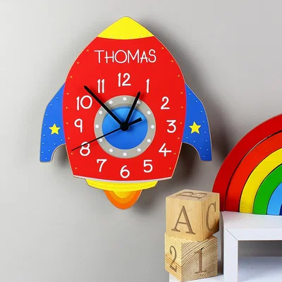 Dunelm Personalised Space Rocket Shape Wooden Wall Clock Red