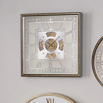 Dunelm Antique Gold Wood & Mirror Square Working Cog Wall Clock 60cm Gold