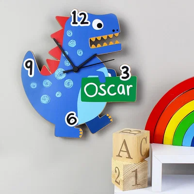 Dunelm Personalised Dinosaur Shape Wooden Wall Clock Blue