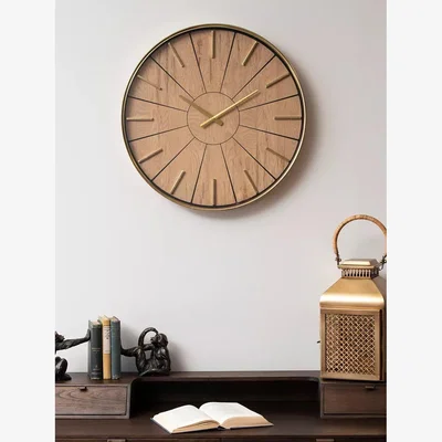 John Lewis Libra Riley Wood-Effect Analogue Wall Clock, 60cm, Gold/Brown