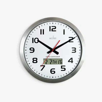 John Lewis Acctim Meridian Radio Controlled LCD Display Analogue Wall Clock, 38cm, SIlver