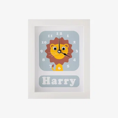 John Lewis Stripey Cats Personalised Livingston Lion Framed Clock, 23 x 18cm, Blue