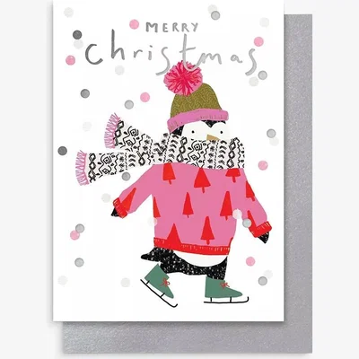 John Lewis Stop the Clock Design Ice Skating Penguin Christmas Card