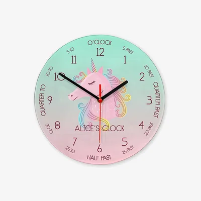 John Lewis John Lewis Kids' Personalised Unicorn Glass Wall Clock, 20cm, Pink/Multi
