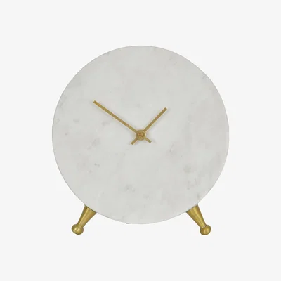 Olivia's Libra Round White Marble Mantel Clock On Gold Metal Stand