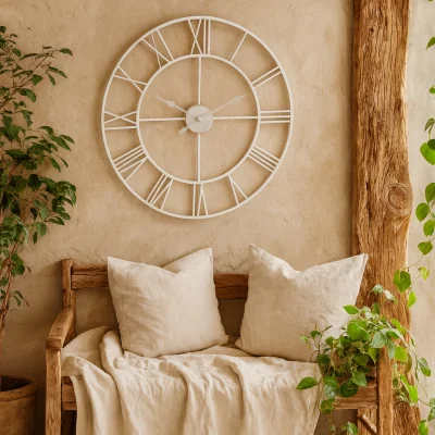 The Range Minimalist Metal Open Frame Wall Clock with Roman Numerals - White