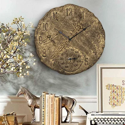 The Range Dragonfly Pattern Resin Decorative Wall Clock with Thermometer - Brass