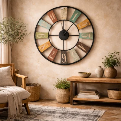 The Range Inari Industrial Metal Wall Clock with Coloured Numbers - Brown