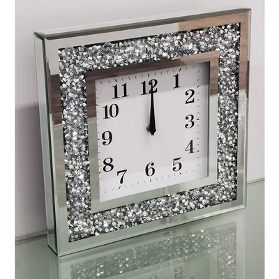 The Range Square Wall Clock Crushed Diamante Crystal Mirror - Silver