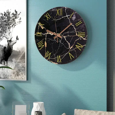 The Range Dark Marble Textured Non-Ticking Roman Numeral Wall Clock - Black and Gold