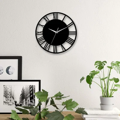 The Range Silent Round Wooden Roman Numeral Clock - Black & Silver