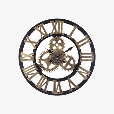 The Range Steampunk-style Round Wall Clock with 3D Roman Numerals - Gold