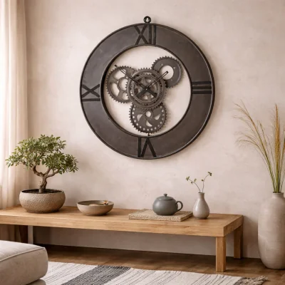 The Range Inari Industrial Metal Cogs Wall Clock Roman Numerals - Brown