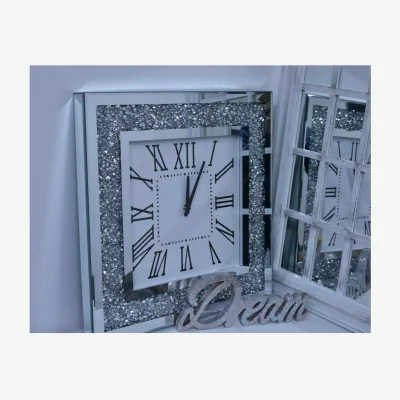 The Range Square Crushed Jewel Mirror Wall Clock Black Hands Roman Diamante - Silver