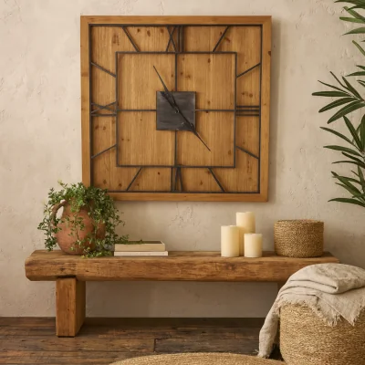 The Range Rustic Square Wall Clock with Roman Numerals - Brown