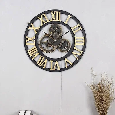 The Range Rustic Wooden Metal Gear Wheel Roman Number Hollowed Wall Clock 50cm - Black