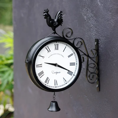 The Range Double Sided Station Wall Clock with Bell Cockerel Black Bracket 30cm - Black