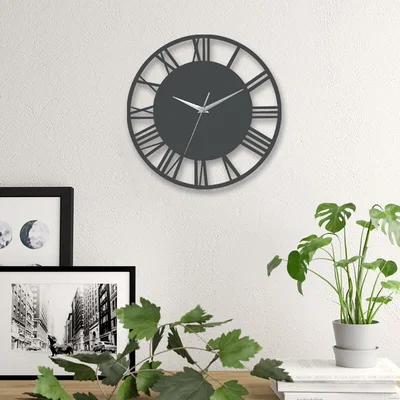 The Range Silent Round Wooden Roman Numeral Clock - Grey & Silver