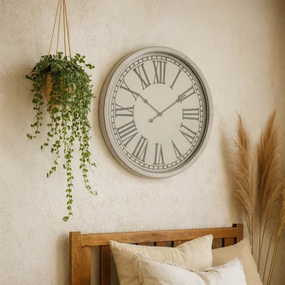 The Range Vintage Whitewashed Wall Clock with Roman Numerals - White