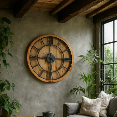 The Range Rustic Round Wall Clock with Roman Numerals - Brown