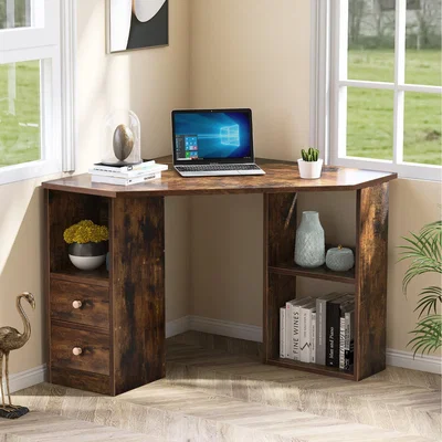 The Range L-Computer Desk Corner Computer Desk with Large Storage Space - Brown
