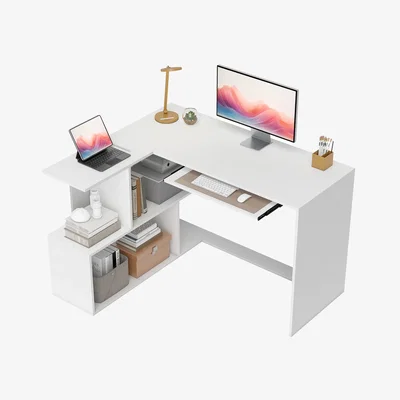 The Range HOMCOM L-Shaped Corner Desk with Keyboard Tray and Open Shelves - White Wood Effect