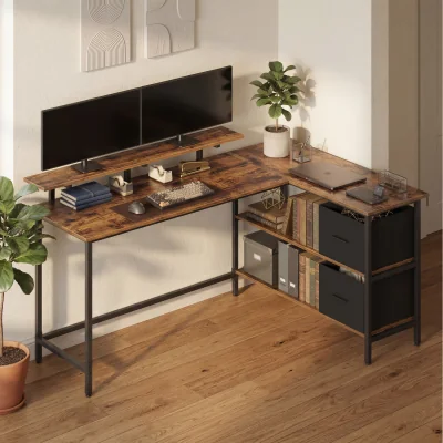 The Range Corner Computer Desk with Drawers, Adjustable Storage Shelf - Rustic Brown