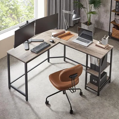 The Range Corner L-Shaped Office Desk with Shelving, Computer Desk with Storage and Metal Frame - Heather Greige, Ink Black