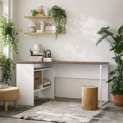The Range Billabong L Shaped Corner Desk and Truffle 2 Drawers - White and Truffle Oak